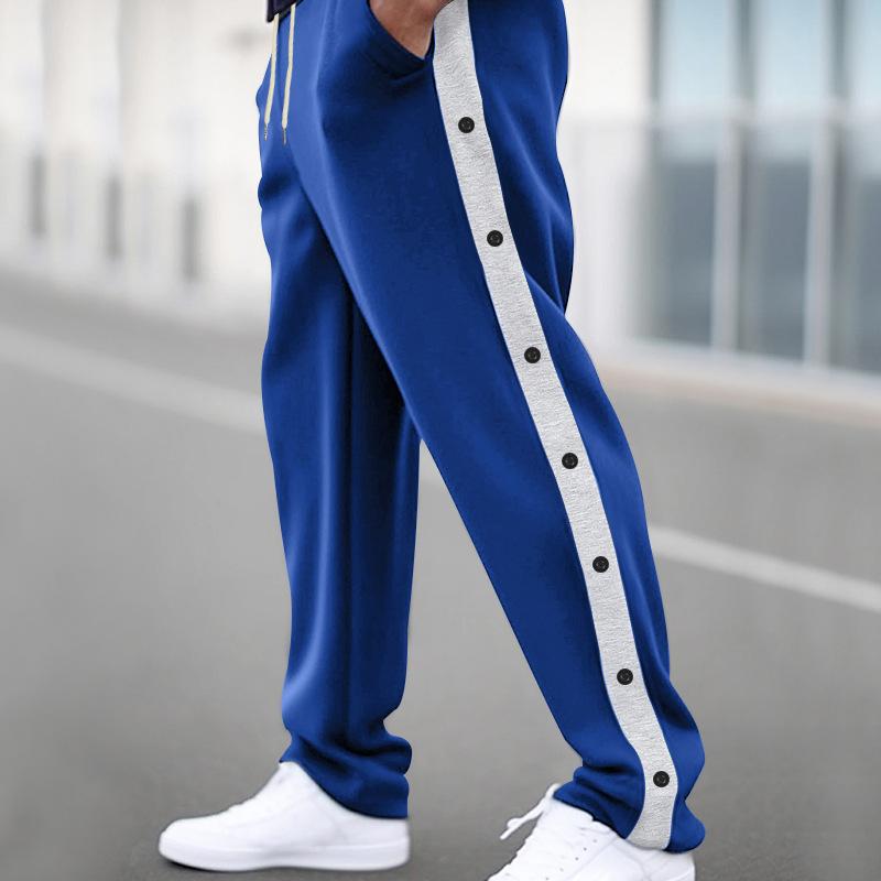 Herren Jogginghose Mode Kontrastfarbe Seitenknöpfe Stretch Workout Lange Hose Männlich Casual Sport Jogginghose Streetwear XL blau