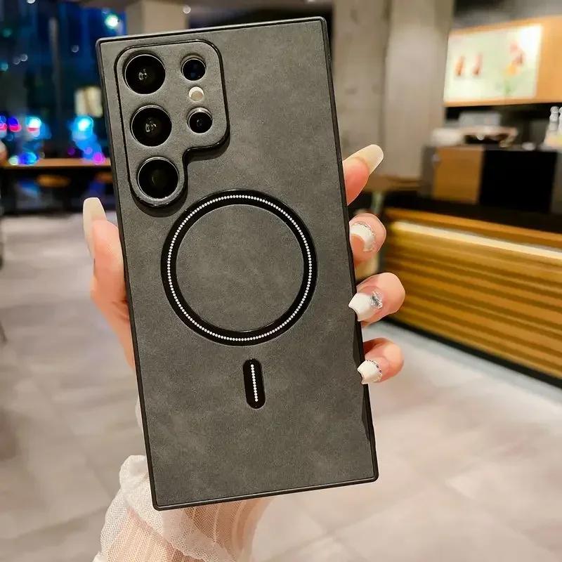 Luxuriöses Schaffellleder für Magsafe Magnethülle für Samsung Galaxy S25 S24 S23 Ultra S22 Plus S21 FE Note 20 Silikon Matte Telefonabdeckung For Samsung S21 Ultra schwarz