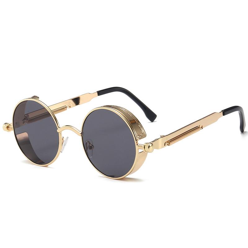 Klassische Gothic Steampunk Sonnenbrille Luxus Hochwertige Retro Sonnenbrille mit rundem Metallrahmen für Männer und Frauen, nicht polarisierte Brille gold/grau