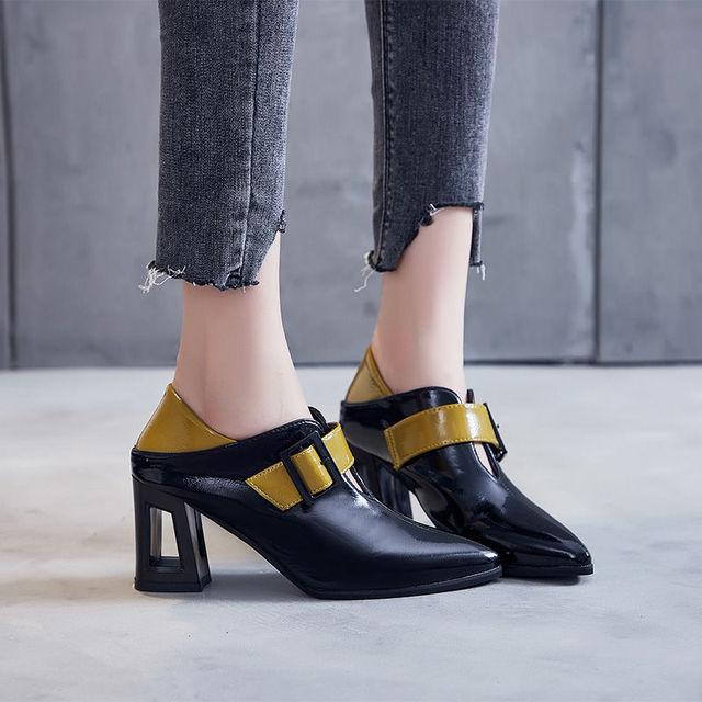 Mittelhoher Absatz aus Mikrofaserleder, britischer Stil, Damenschuhe, Schnallenriemen, spitze Zehenpartie, quadratischer Absatz, Damenschuhe, schwarz, gelb 34 schwarz