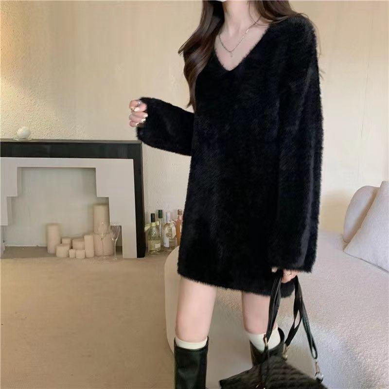 Pullover V-Ausschnitt Nerz Fleece Pullover Pullover Mittellang Damen Herbst/Winter Solid Loose Strickpullover Pullover Damen Top One Size schwarz