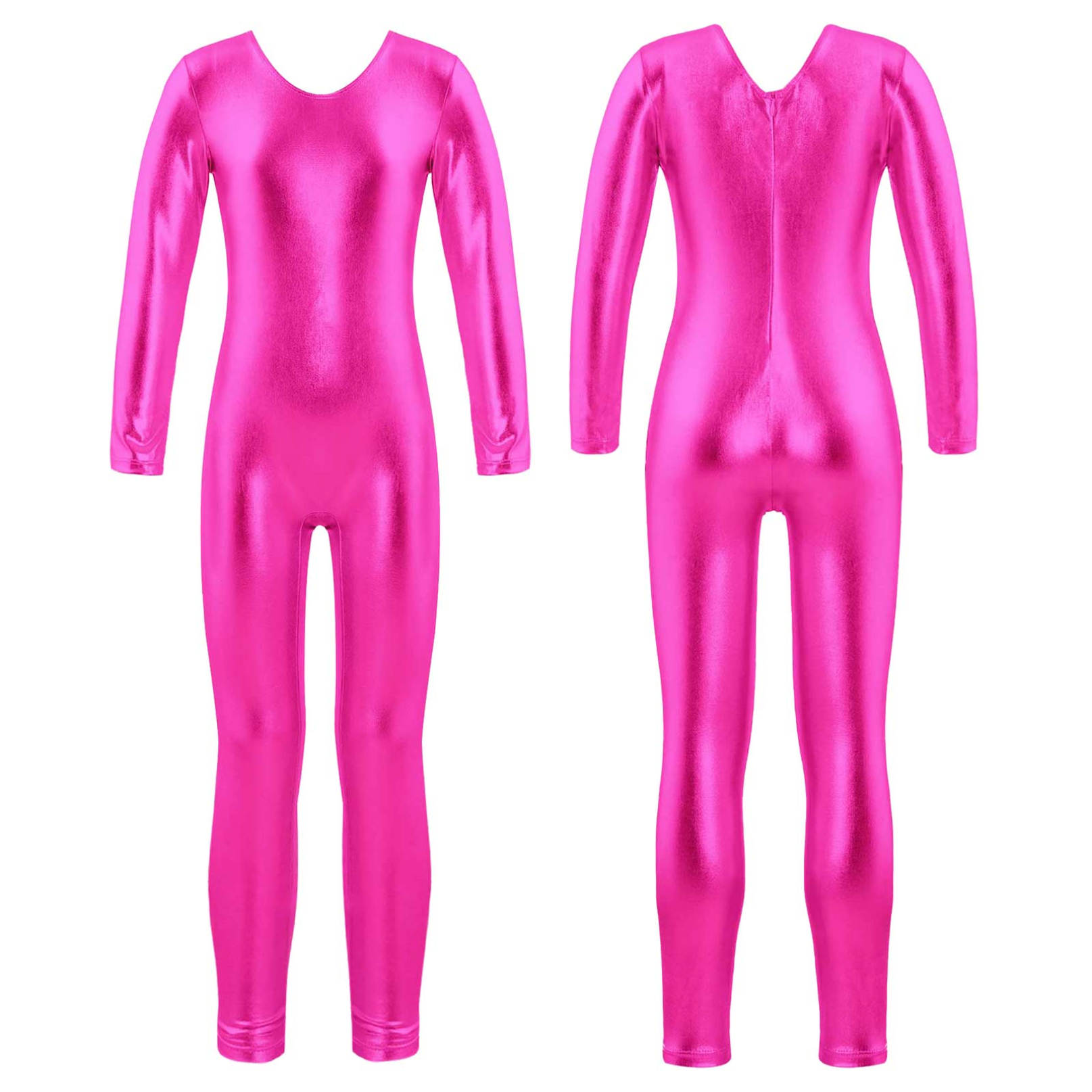 Kinder Mädchen Langarm Ballett Tanz Trikot Gymnastik Ganzanzug Shiny Metallic Ballerina Trikot Body 7-8 Years heißes rosa