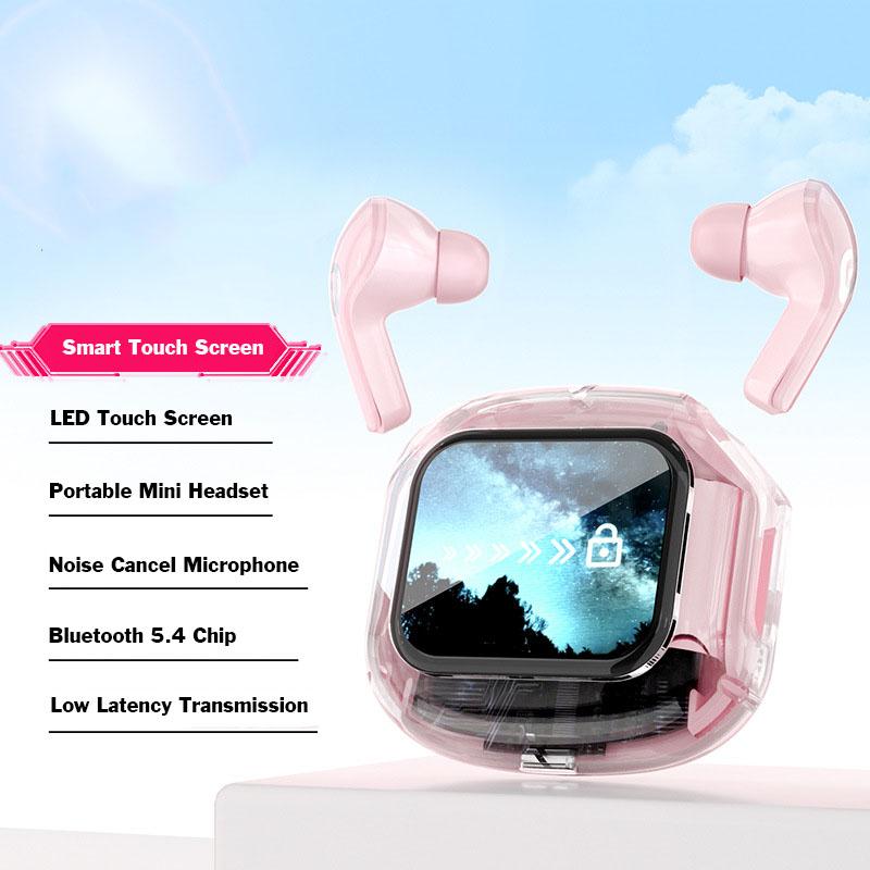 Drahtlose Kopfhörer mit intelligentem Touchscreen und geringer Latenz, HiFi-Stereo-Musik-Headset, digitales Display, Rauschunterdrückung, Kopfhörer mit Mikrofon rosa