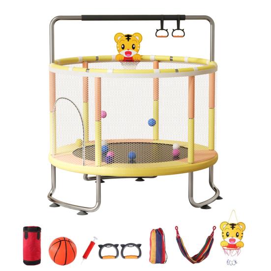 5FT Kinder Trampolin Verstellbares Baby Kleinkind Trampolin mit Basketballkorb Schaukel Sandsack Ozeanbälle 440lbs Kleinkind Trampolin mit Sicherheitsnetz 150CM orange/gelb