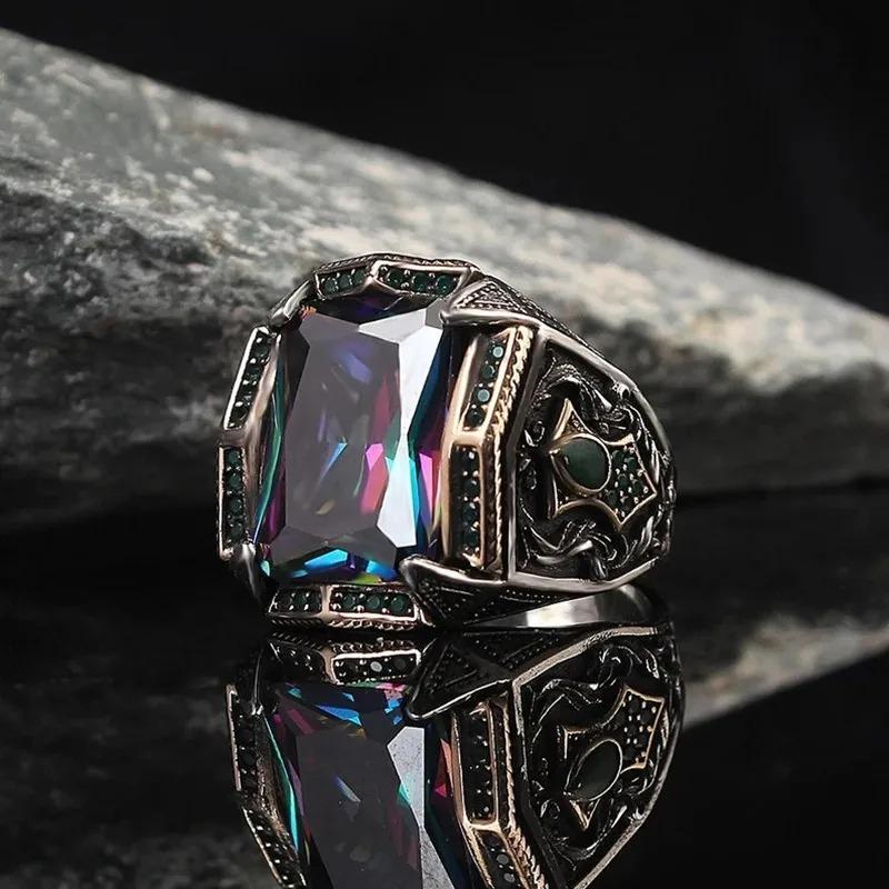 Retro Türkische Handgefertigte Herrenringe Vintage Geschnitztes Muster Rot/Blau/Regenbogen Zirkonringe Rock Punk Islamischer Muslimischer Hochzeits Schmuck 13 gray
