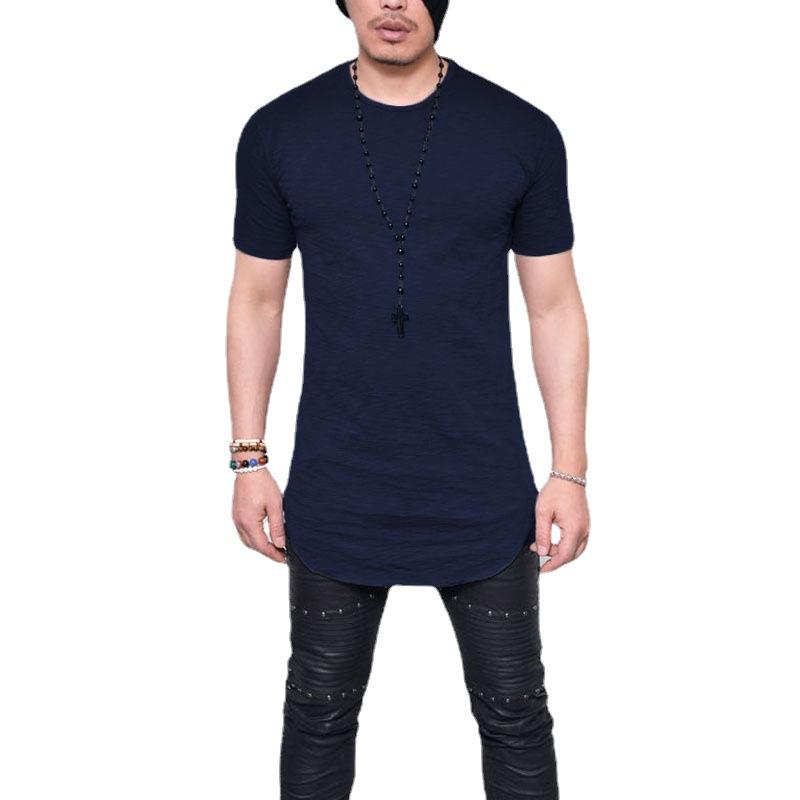 Herren Longline T-Shirt mit gebogenem Saum, Kurzarm, Rundhalsausschnitt, Einfarbig, Lässig, Streetwear Tee M navy blau
