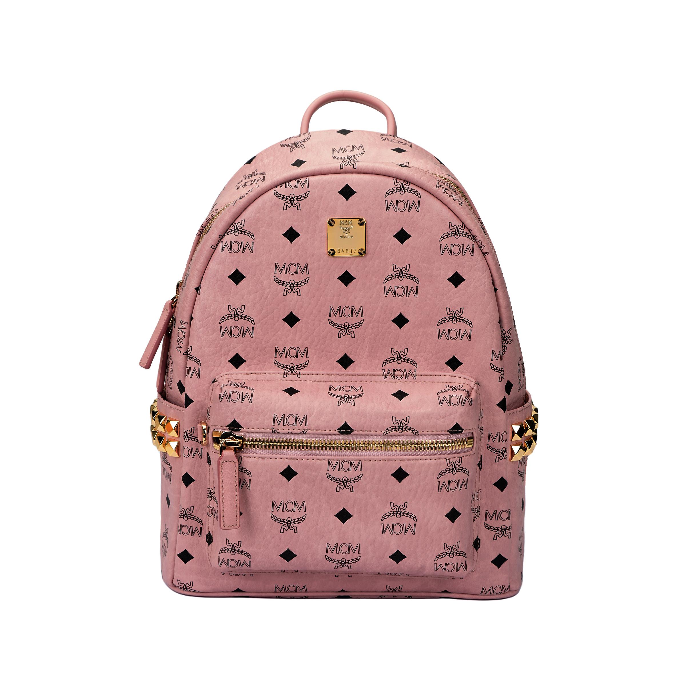 MCM Stark Klassisches Monogramm Reißverschluss Kunstleder Rucksack Kleiner Unisex Rucksack Pfirsich-Rosa MMKEAVE15PZ001 Basic Set (Bag+Dust Bag)