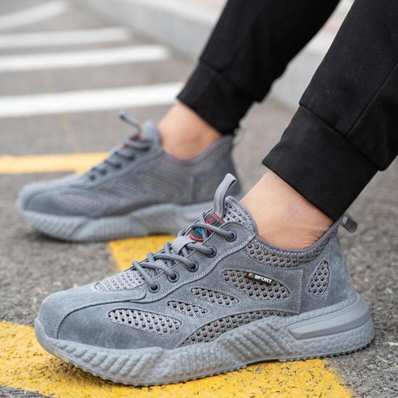 Sommer Arbeitsschuhe mit Schutz Atmungsaktive Leichte Sicherheitsschuhe Stahlkappe Arbeitsschuhe für Männer Baugewerbe Mesh Sneaker 43 graue