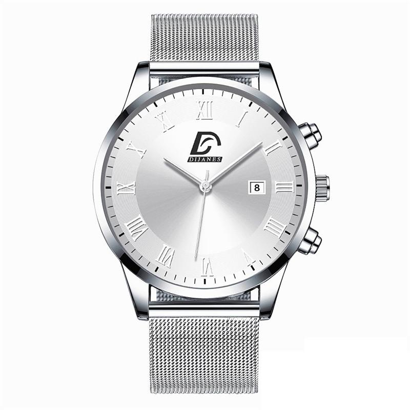 Modische Herrenuhren, luxuriöse Edelstahl-Kalender-Quarz-Armbanduhr für Herren, Business-Casual-Uhren silber/weiß