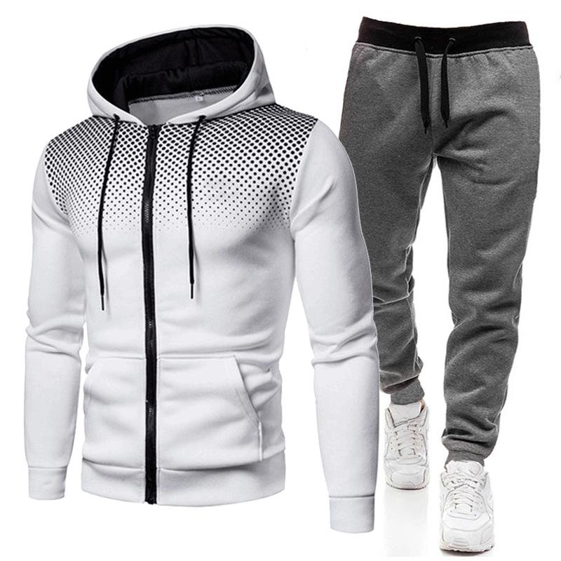 Frühling und Herbst Einfarbig Punkte Herren Trainingsanzüge Herrenbekleidung Herren Sets Hoodie Set Reißverschluss Sweatshirt Lässig Sport Herren Schweißanzug Set Laufen XS weiß