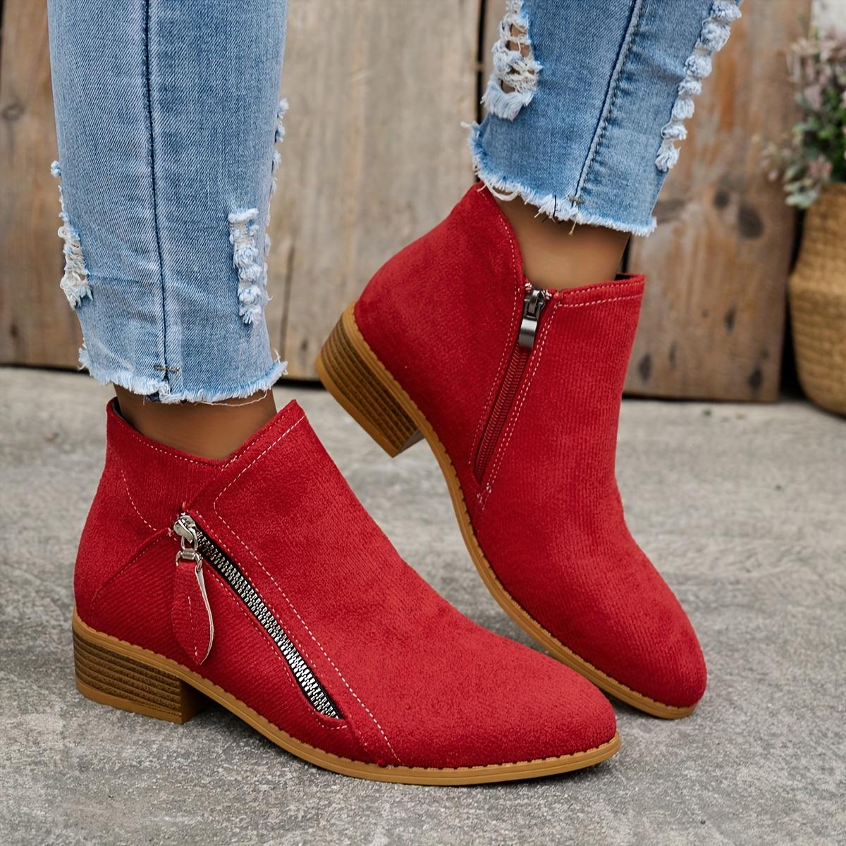 [Modische Stiefeletten] Bequeme Damen-Stiefeletten | Spitze Zehenpartie, Mittelhoher Absatz, Reißverschluss, Ganzjahres-Stiefeletten 40 rot