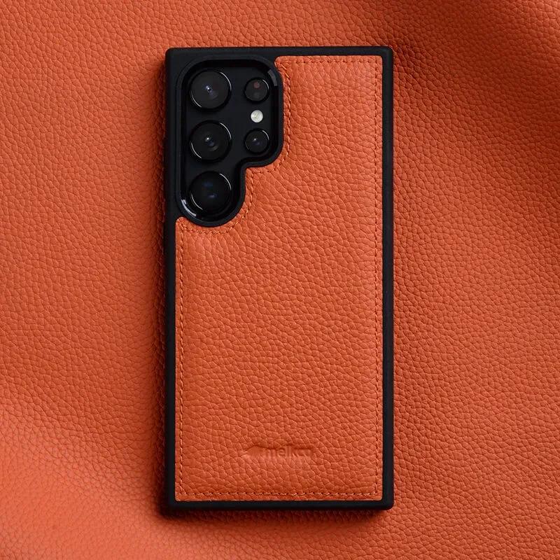 Melkco 100% Echtes Leder Case für Samsung Galaxy S23 S24 S25 Ultra Plus Premium Luxus Hülle Rindsleder Business Handyhüllen for S24 Ultra orange