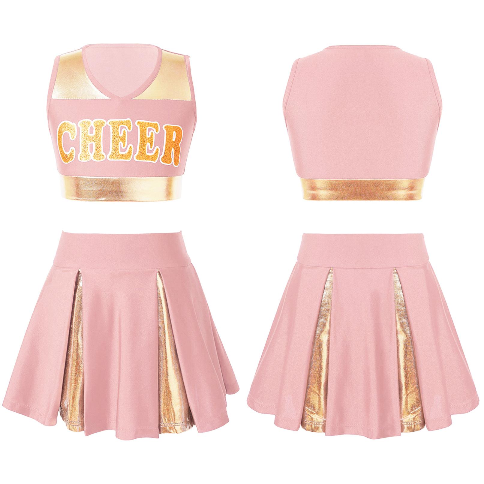 Kinder Mädchen Cheerleading Tanzkleidung Set Ärmelloses Crop Top mit Buchstabenaufdruck und Rock Cheer Uniform 11-12 Years hellrosa