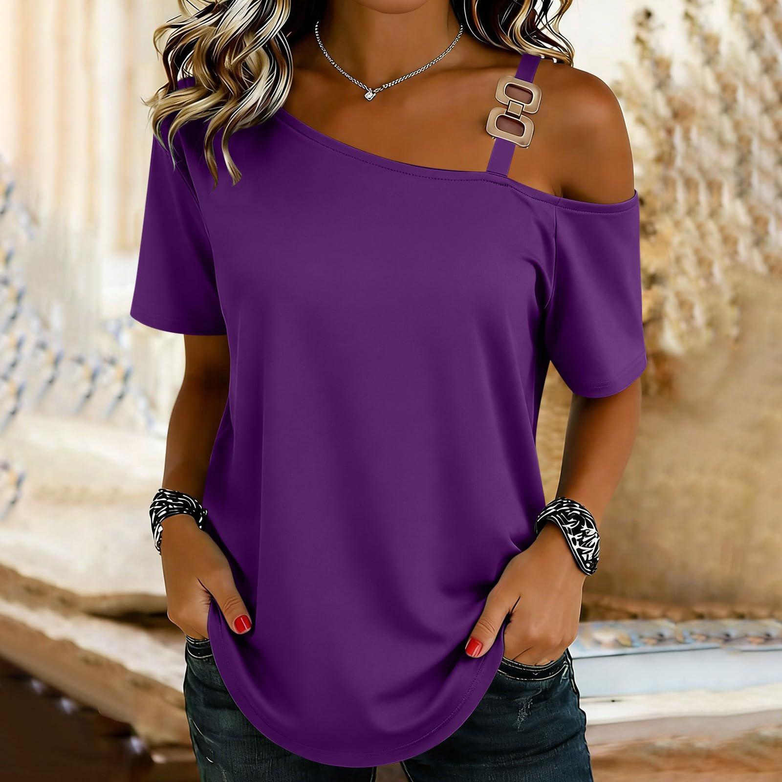 Damen Frühling Oberteile Schulterfrei Sommerhemden für Damen Lässige Kurzarm Damen Sommerhemden Festliche Oberteile für Damen M violett