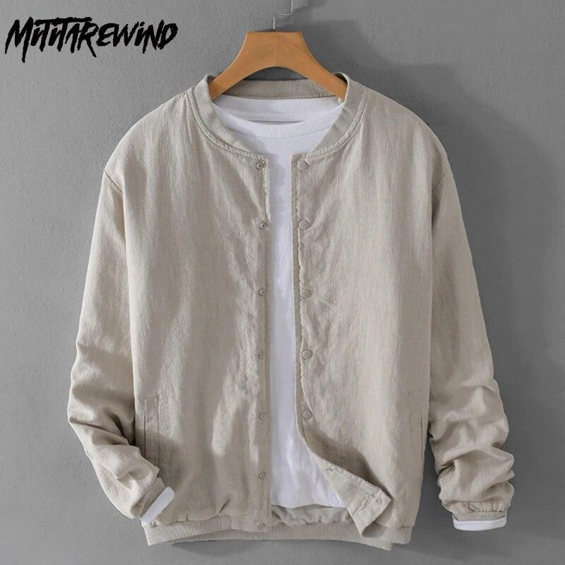 Baumwoll-Leinen-Jacken für Herren im Retro-Stil, Herrenbekleidung, Frühlingssport, Baseballbekleidung, Freizeitjacke, einfarbig, Stehkragen, Knopfjacke XXL helle khaki