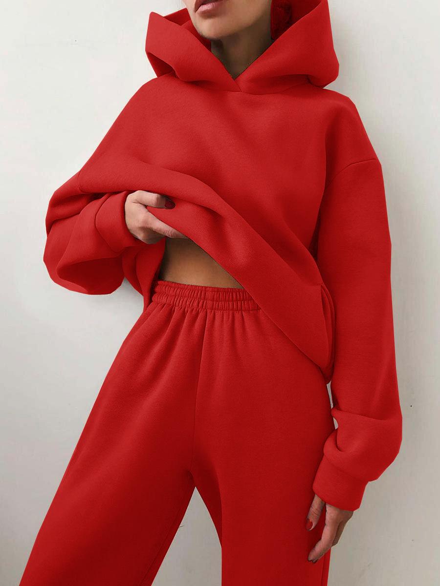 Damen Elegante Feste Sets Für Damen Warme Hoodie Sweatshirts Und Lange Hose Mode Zweiteilige Sets Damen Sweatshirt Anzüge XS rot
