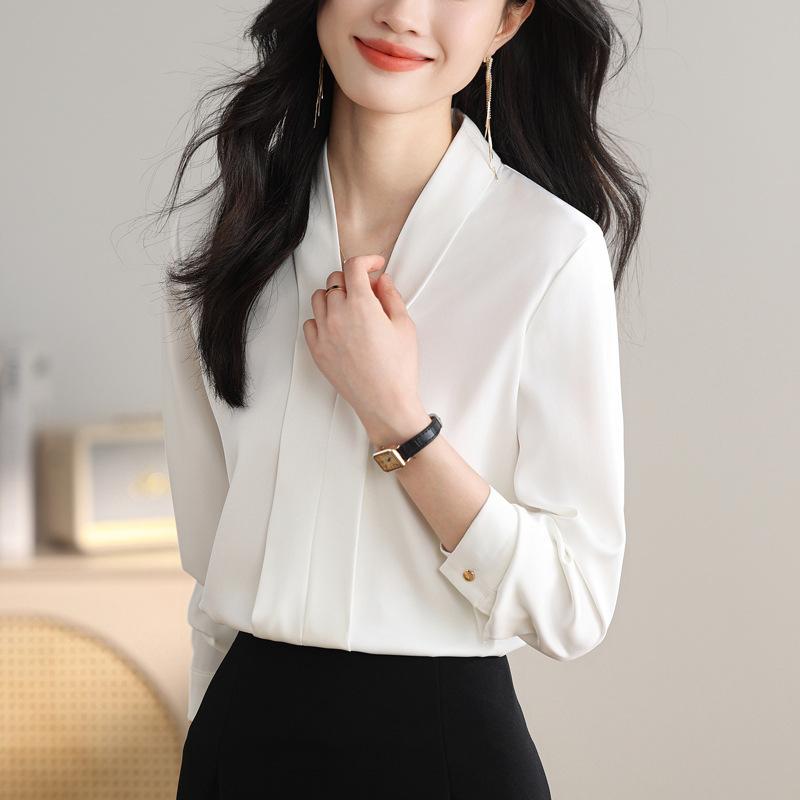 Weißes V-Ausschnitt-Shirt für Damen, Chiffon-Drapierung für den Arbeitsweg, Berufskleidung, Damenshirt 2XL weiß