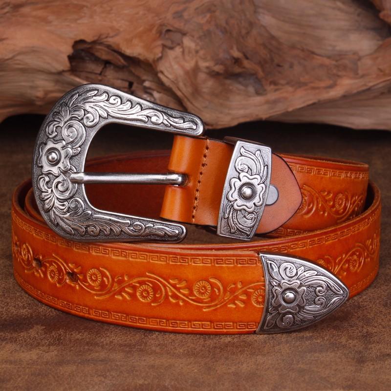 Hochwertiger Court-Style Geprägter Western Cowboy Stahl Schnalle Gürtel Echtes Leder Designer Herren Gürtel Punk Jeans Gürtel für Männer 100cm gelb