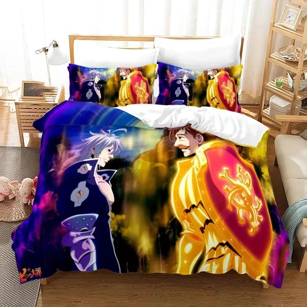 Seven Deadly Sins Anime Meliodas Bettwäsche-Set 3D-Druck Geeignet für Schlafzimmer Bettbezug-Set mit Kissenbezügen Kinder Heimtextilien US King 264x228cm