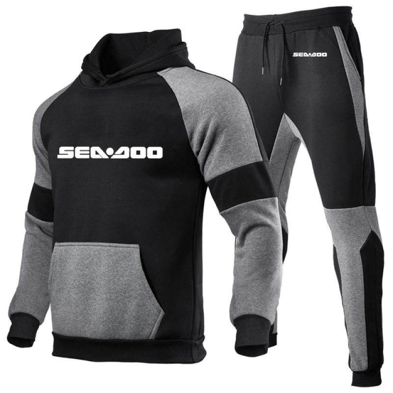 Sea Doo Seadoo Moto Bedruckte Herbst-Winteranzüge für Herren, gestreifter Kapuzenpullover + Hose, lässiger Trainingsanzug, Sportbekleidung, Trainingsanzug M