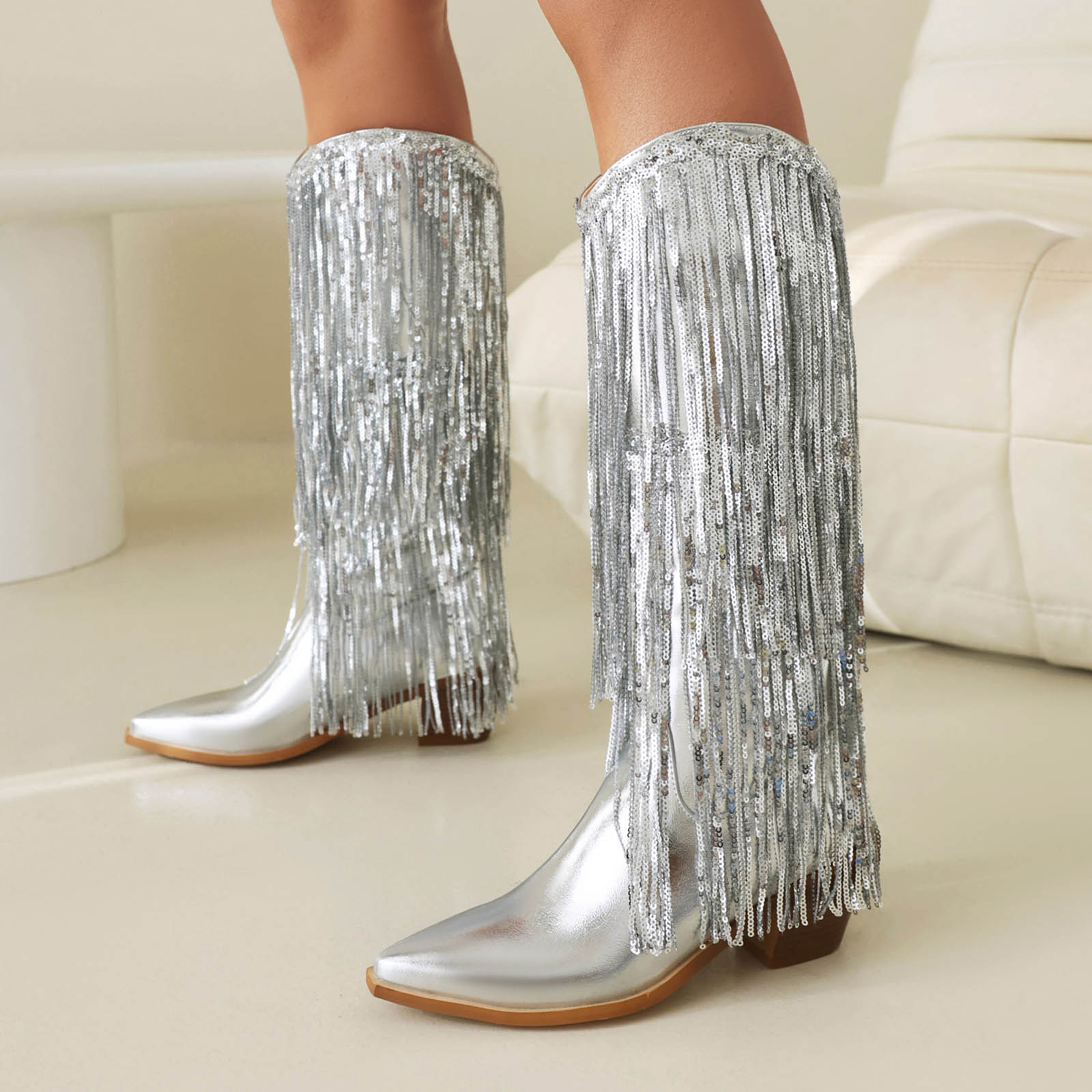 Stiefel mit weitem Schaft für Damen Über dem Knie Hohe Damen-Stiefel mit Strass-Fransen Funkelnde Western-Cowboy-Stiefel Zapatos De Mujer 43 silber