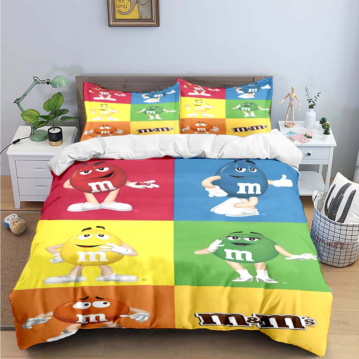 Modische M&M Schokoladen Logo Print Bettwäsche Sets Exquisites Bettwaren Set Bettbezug Bettdecke Set Bettwäsche Set Luxus Geschenk AU Single(140*210cm)3pcs
