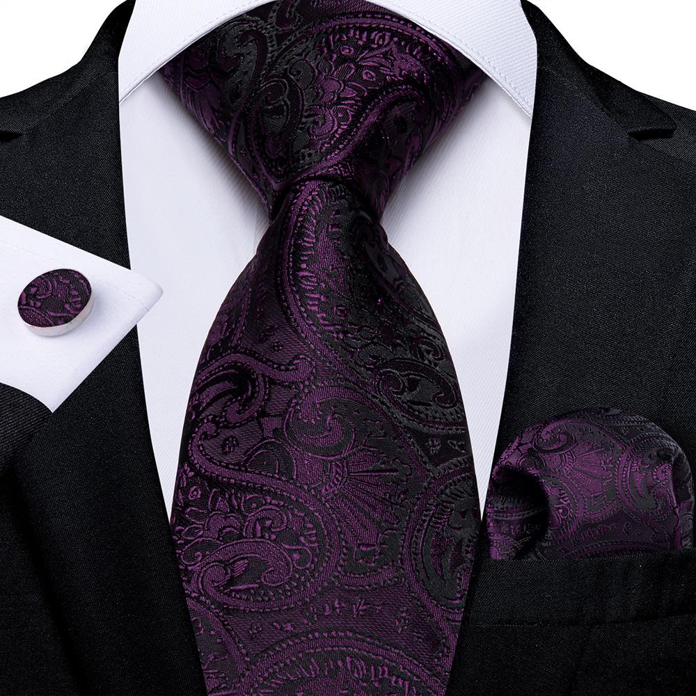 DiBanGu Klassische marineblaue Herren-Krawatte mit Paisley-Blumenmuster, Einstecktuch, Manschettenknöpfe, formelles Krawatten-Set, Krawatte, Geschenk für Männer 7481