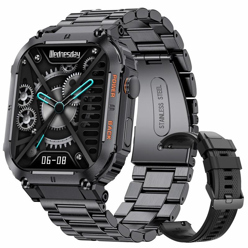 LIGE Neue Smartwatch, 1,96 Zoll, quadratisch, großer Bildschirm, Bluetooth-Anruf, Smartwatch, Sport, Fitness, Gesundheits-Tracking, wasserdichtes Smart-Armband Steel strap schwarz