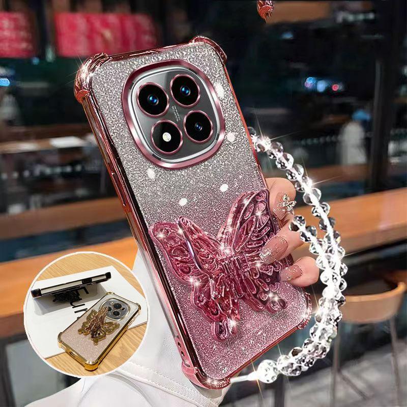 Stoßfeste Glitzer-Beschichtungshülle für Xiaomi Redmi 15 15C Note 15 Note 14 Pro Plus 14C 4G 5G Schmetterling Handyhalter Armband Hülle Redmi Note 15ProPlus rosa