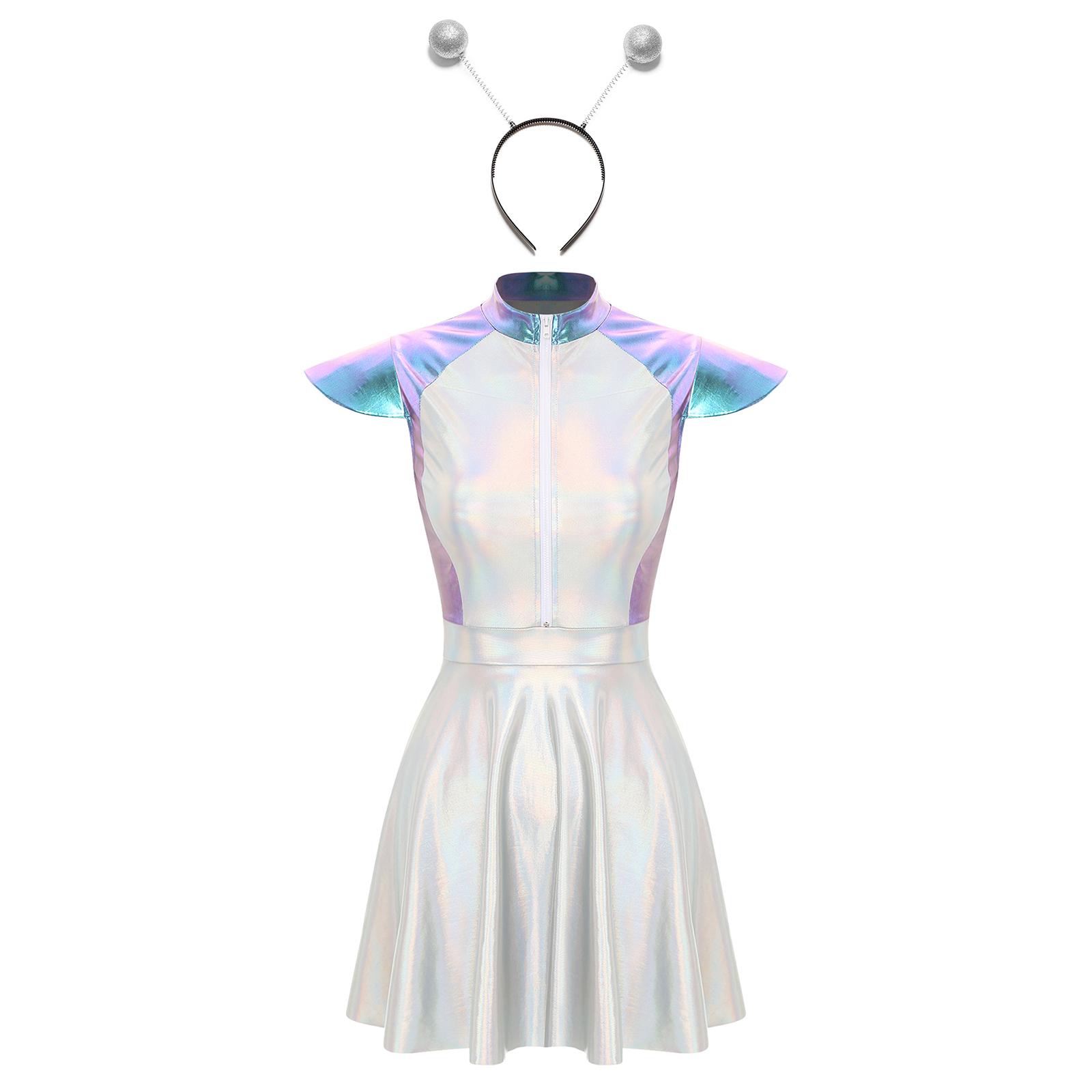 Outer Space Cutie Kostüm Damen S-4XL - Halloween Alien Cosplay Glitzerndes Kleid mit Puffärmeln & Alien Haarreif L blau
