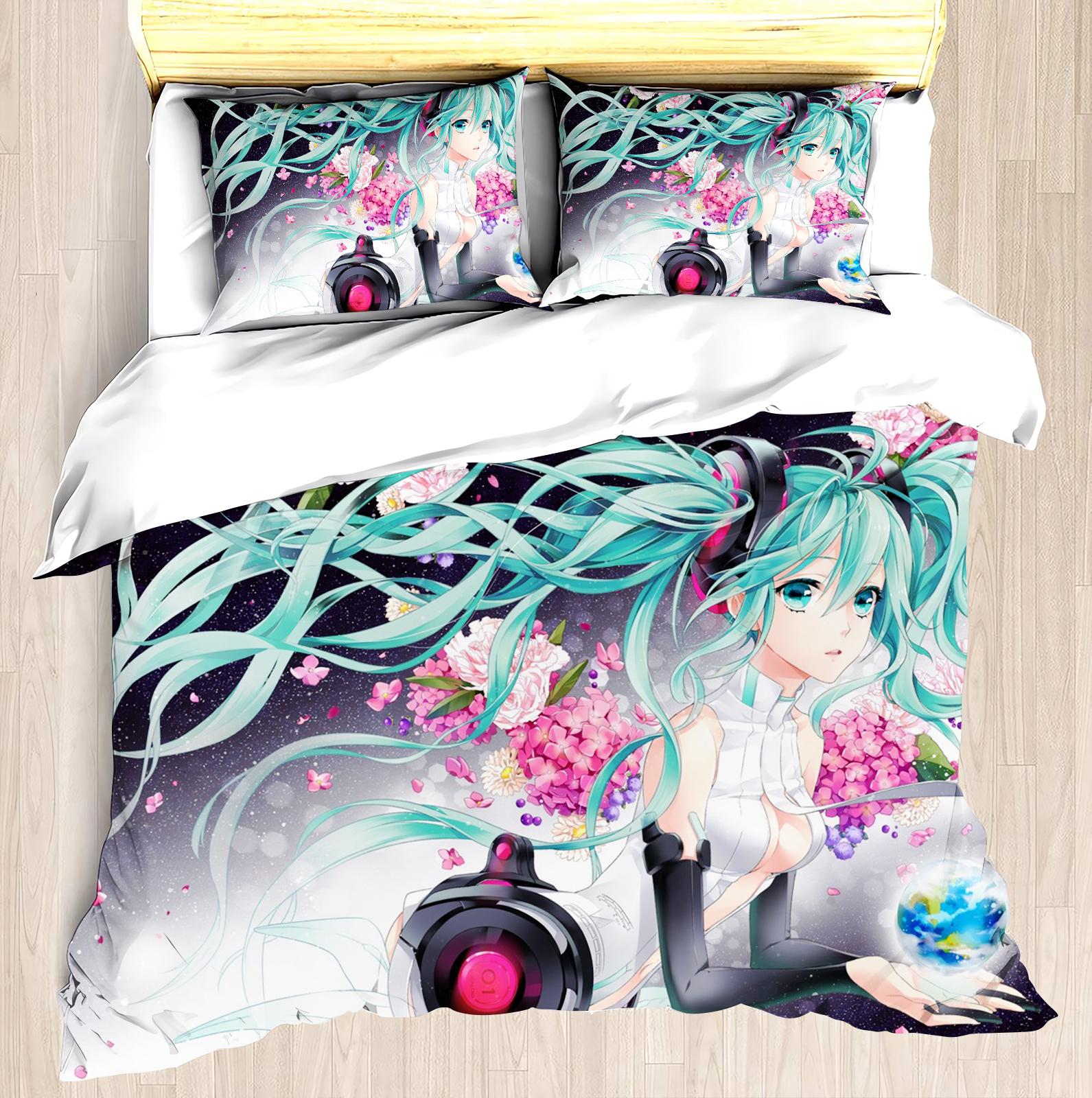 Hatsune Miku Anime Bettbezug-Set Comforte Bedruckte Cartoon Twin-Size Bettwäschesets Weihnachtsgeschenke 3-teilig 135x200cm