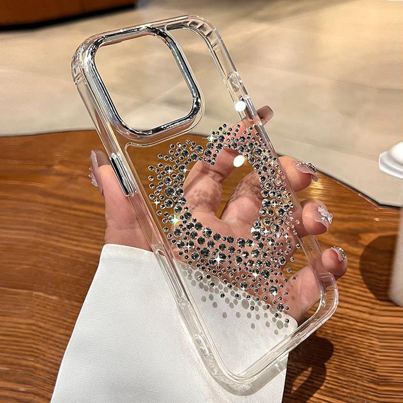 Luxuriöse Diamant Liebesherz Hülle für iPhone 16 Pro Max 16 Plus Transparente Acryl Metall Abdeckung für iPhone 13 12 11 14 15 Pro Max For iPhone 16 Plus brown