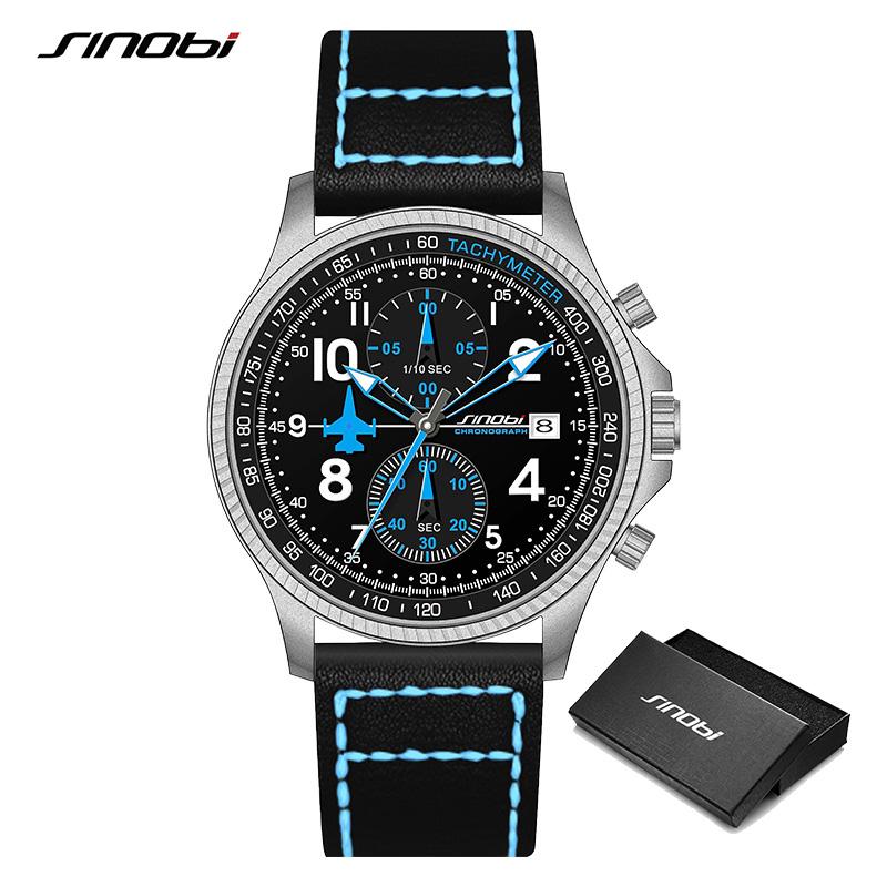 Neu SINOBI Kreatives Design Flugzeug Chronograph Herrenuhren Original Genf Kalender Mann Quarz Armbanduhren Top Sport Uhr blau