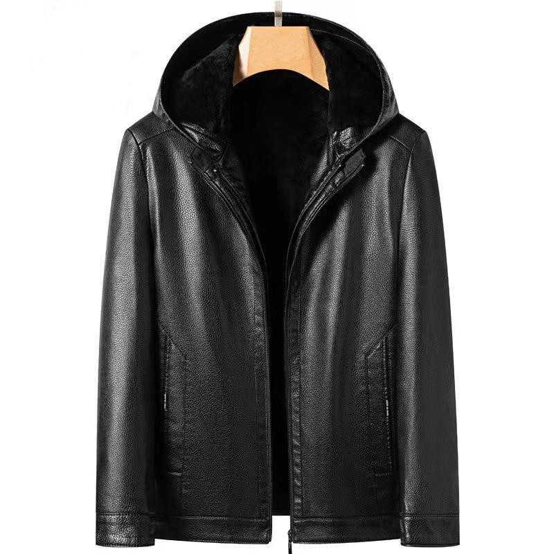 Herren Pelz Eins Lederjacke Mittelalter Herren Freizeit Gepolstert Kapuze Winter Warm Papa Anzug Mantel Übergröße XXXXL schwarz