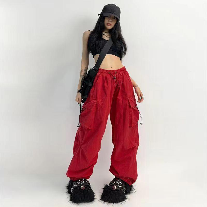 Frühling Sommer Casual Cargo frauen Hosen Streetwear Fashion Elastische Taille Baggy Hosen Knöchel Länge Oversize Frauen Hosen XXL rot