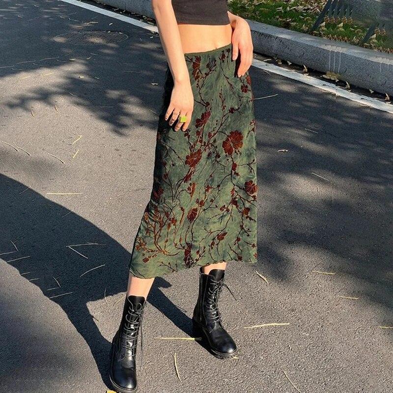 Vintage Langer Rock Grün Blumendruck Damen Y2K High Street Grunge Mode Eleganter Mid-Calf Rock 2000er Jahre Koreanische Mode XL grün