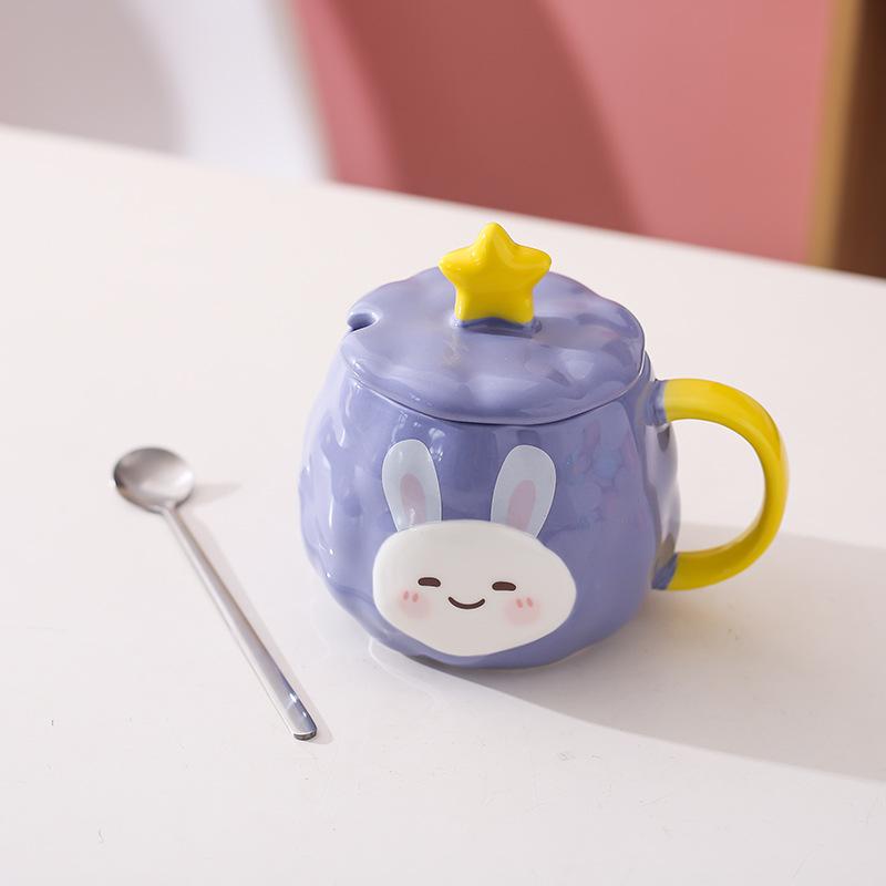 Kreative Keramiktasse Niedliche Cartoon-Hasen-Paartasse Wasserbecher Kaffee-Frühstückstasse mit Deckel Löffel Hohes Aussehen 401-500ml