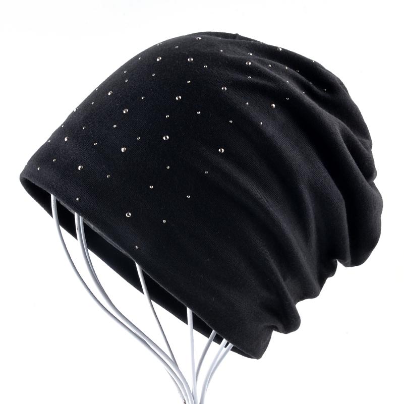 Mode Strass Mützen Frauen Frühling Herbst Einfarbig Beanie Cap Damen Baumwolle Weiche Hüte Weibliche 56-59cm schwarz