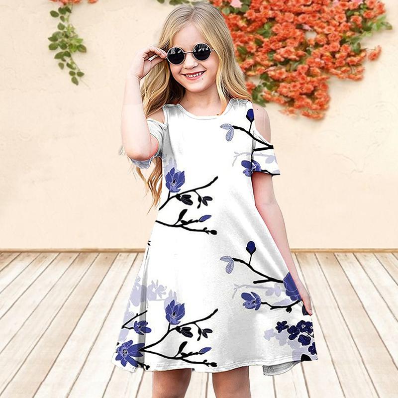 Mädchen Kleider mit Blumenmuster, blaue Blumen, bedruckt, für Kinder, Mädchen, Party, schulterfreies Kleid, Prinzessinnenkleid, kurzärmeliges Kleid 120 violett