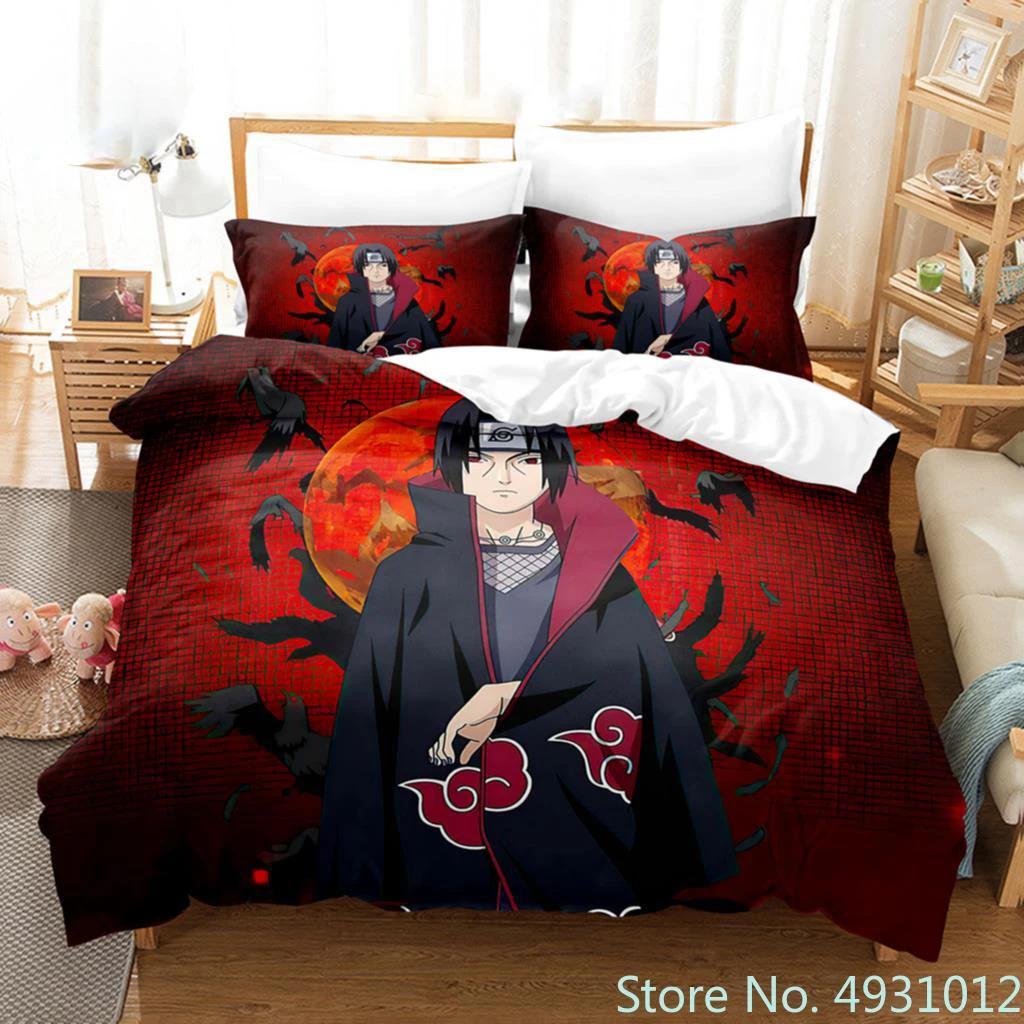 Anime Uchiha N-Naruto Uzumaki Rote Wolke Bettwäsche-Sets Haushaltsdecke Bettbezug Itachi Heimtextilien Bettanzug Kinder Kinder Geschenk EU Single(135*200cm)3pcs