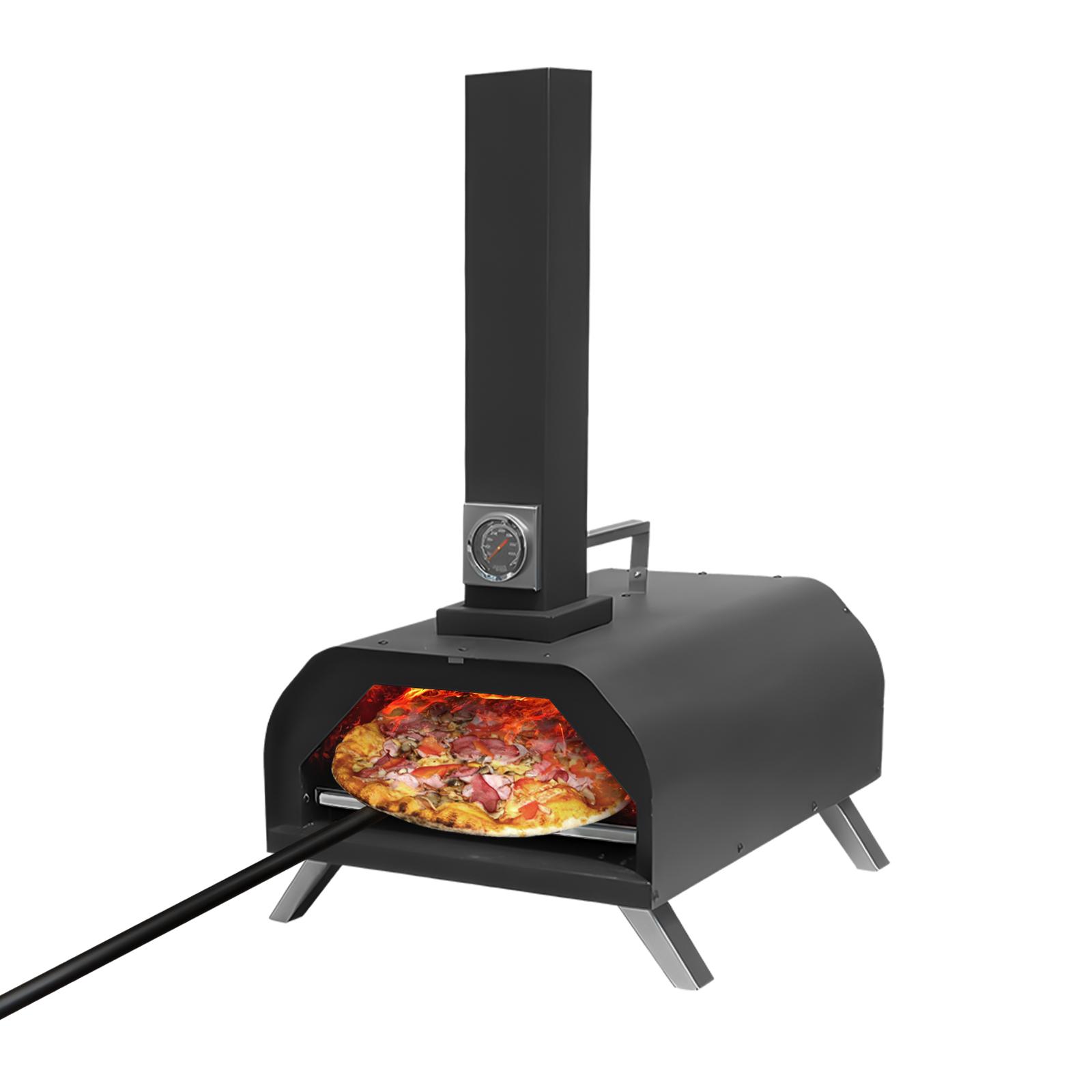 Holzbefeuerter Outdoor-Pizzaofen Tragbarer Holzpellet-Pizzaofen aus Edelstahl mit eingebautem schwarz