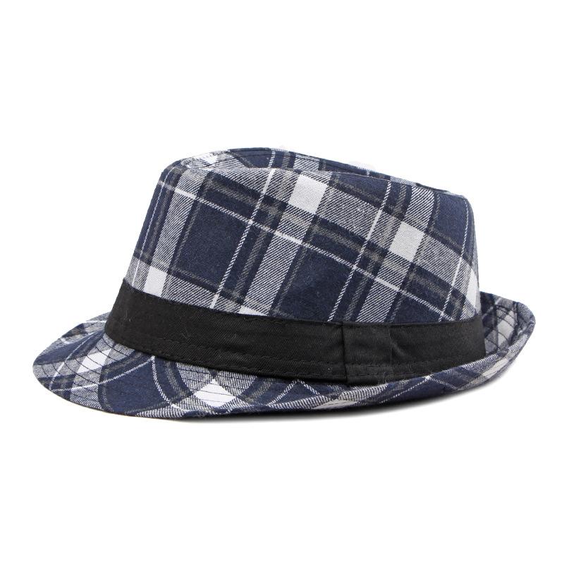 Plaid Jazz Hut Männer Frühling Sommer Klassische Plaid Hut Frauen Britischen Vintage Panama Fedora Hüte Gentleman Hut Sonnenblende Kappen 56-58cm navy blau