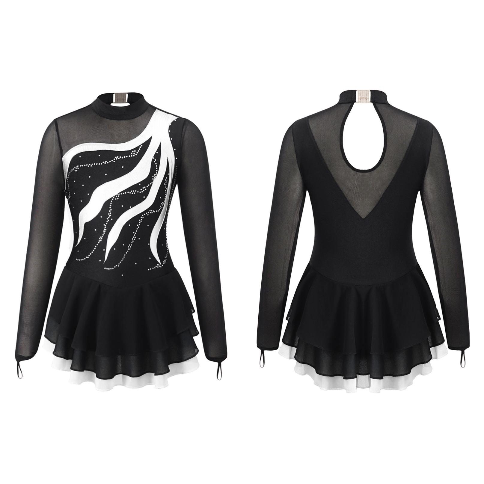 Kinder Mädchen Langarm Eiskunstlauf Kleid Glänzende Strass Mesh Tutu Ballett Gymnastik Tanz Trikot Kleid 11-12 Years weiß