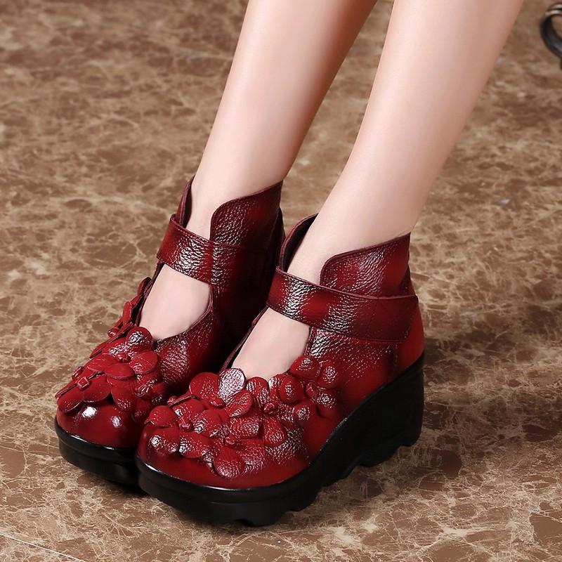 Blumen Damen Stiefel Runde Zehen Echte Leder Knöchelhohe Stiefel Keilabsatz Schuhe Vintage Stiefel 36RU/CN37