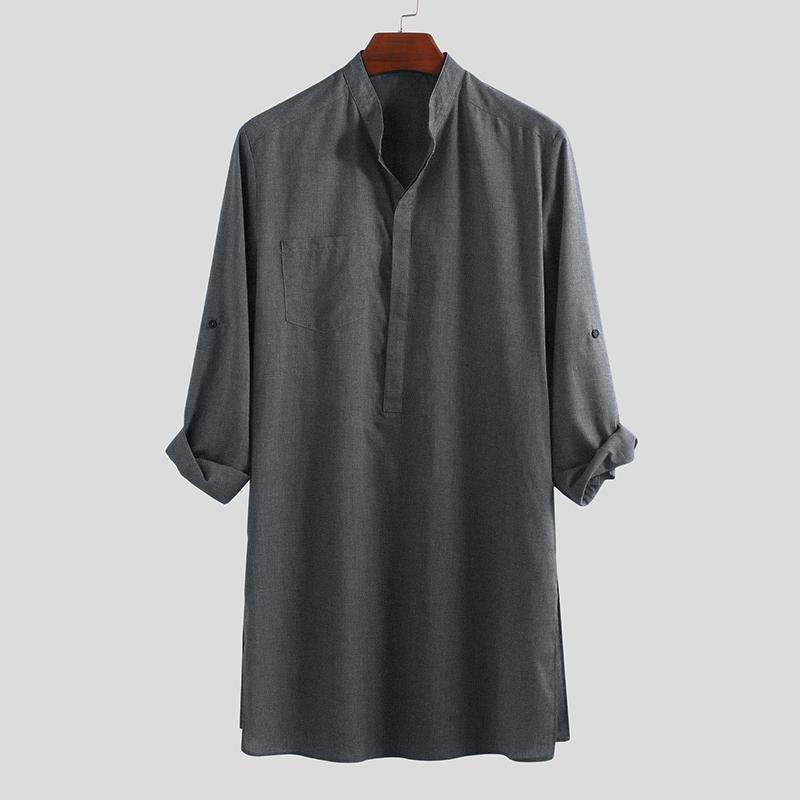 INCERUN S-5XL Herren Regular Fit Kragen Kurta Muslimische Kleider Abaya Kaftan Langarm Herrenhemd 2XL grau