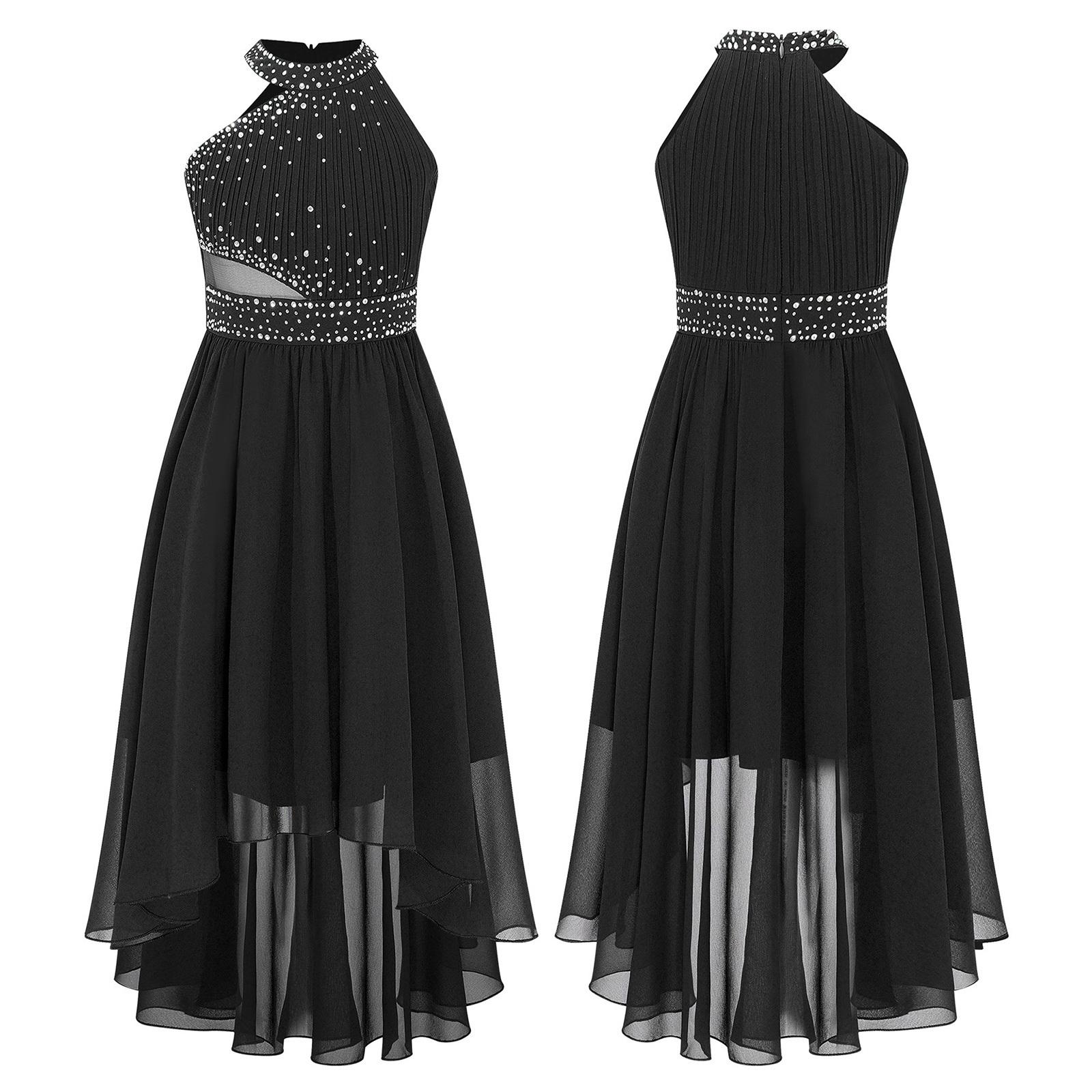 Kinder Mädchen glänzendes Strass-Partykleid, ärmellos, gerüschtes Chiffon-Kleid, hohe Taille, elegantes Abendkleid, formelle Ballkleider 5-6 Years schwarz