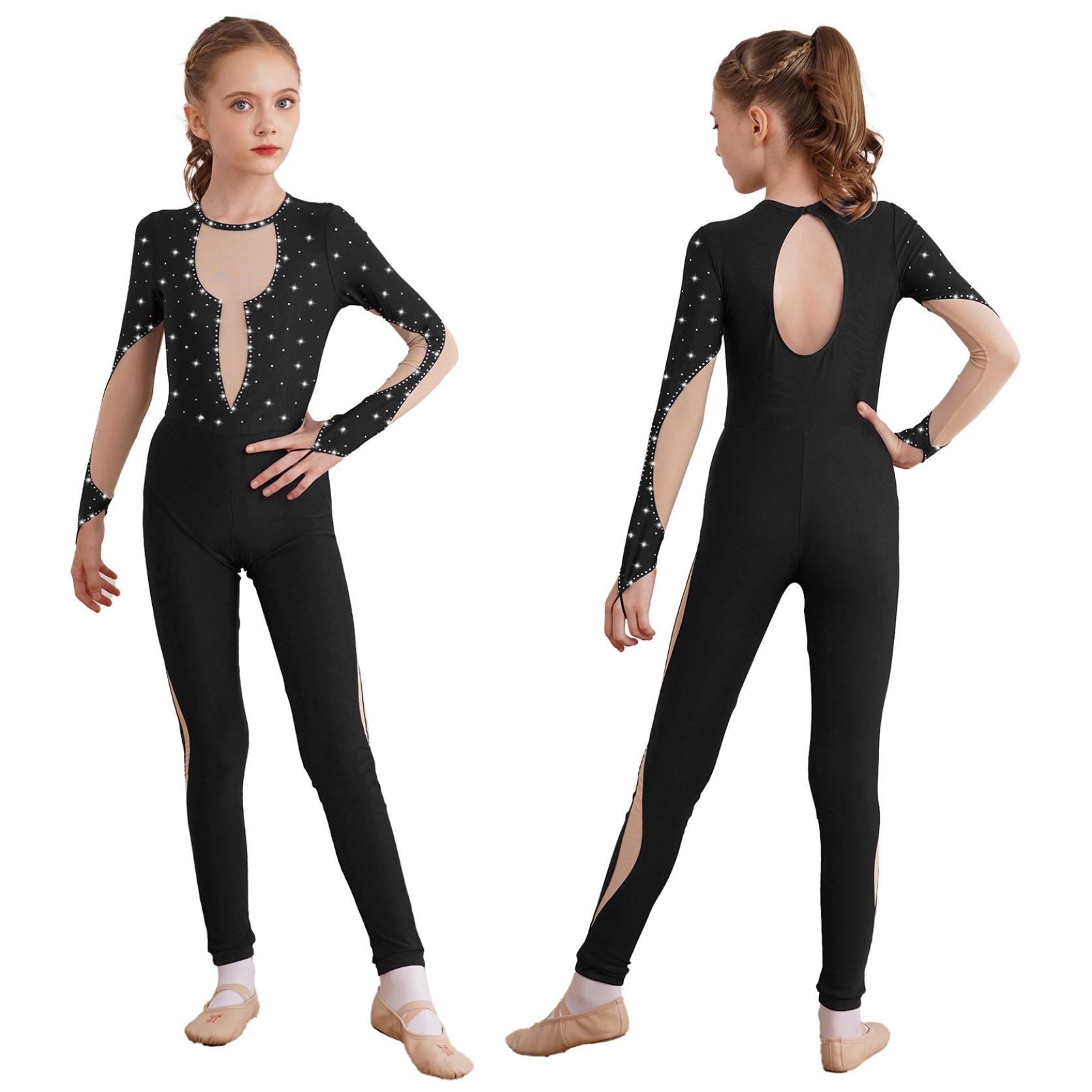 Kinder Mädchen Jazz Dance Overall Akrobatik Gymnastik Trikots Glänzende Strass Activewear Ganzanzug Eiskunstlauf Overall 15-16 Years schwarz
