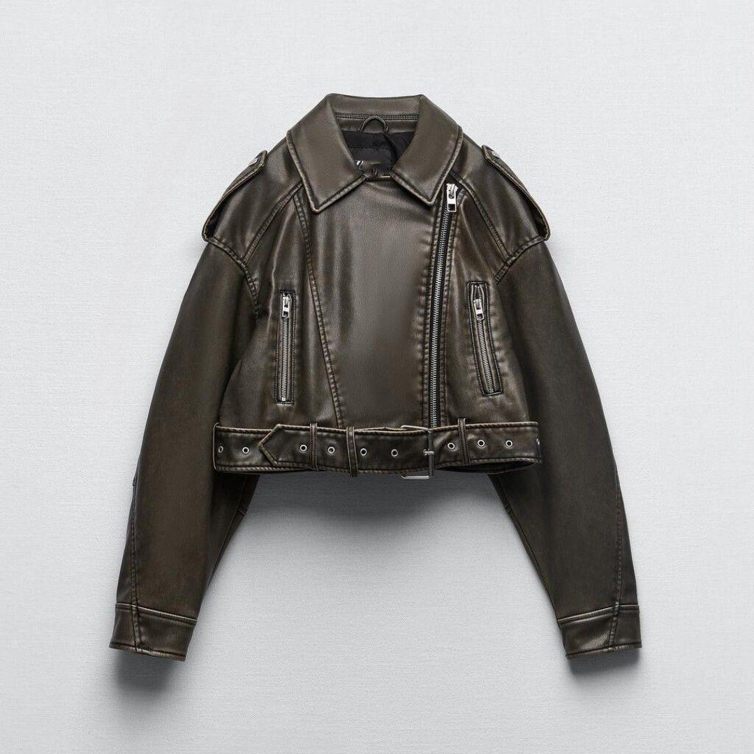 Frauen Herbst Pu Leder Jacke Zipper Gürtel Revers Kurzen Mantel Weibliche Motorrad Schwarz Faux Leder Outwear XS olivgrüne