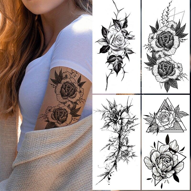 Frauen Sexy Temporäre Tattoo Aufkleber Schwarz Rosen Muster Volle Blume Design Verwendet für Arm Körper Kunst Große Große Gefälschte Tattoo Aufkleber 19*9.6cm