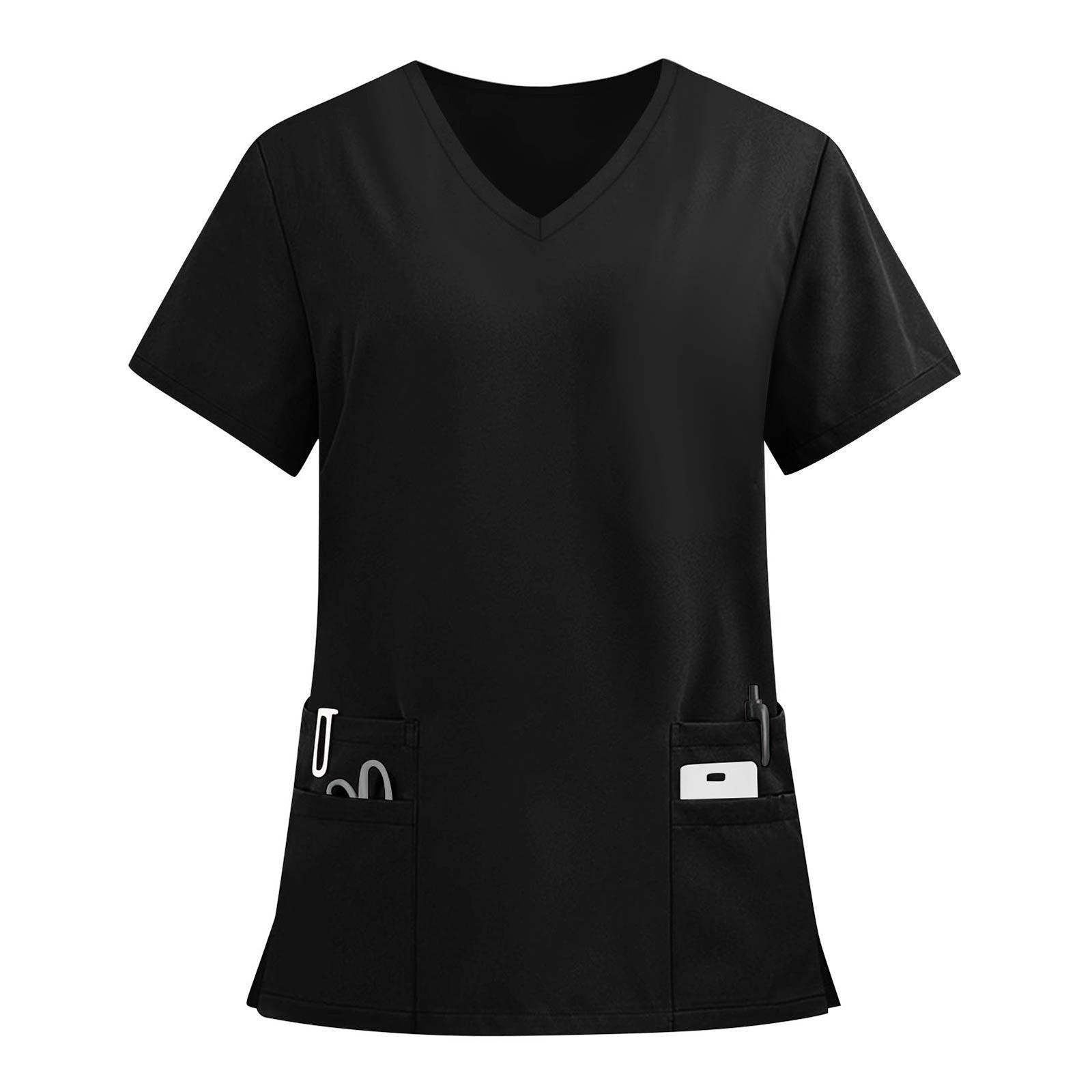 Damenmode Einfarbig Kurzarm V-Ausschnitt Muster Tops Tasche Arbeits-T-Shirts XXXXL schwarz